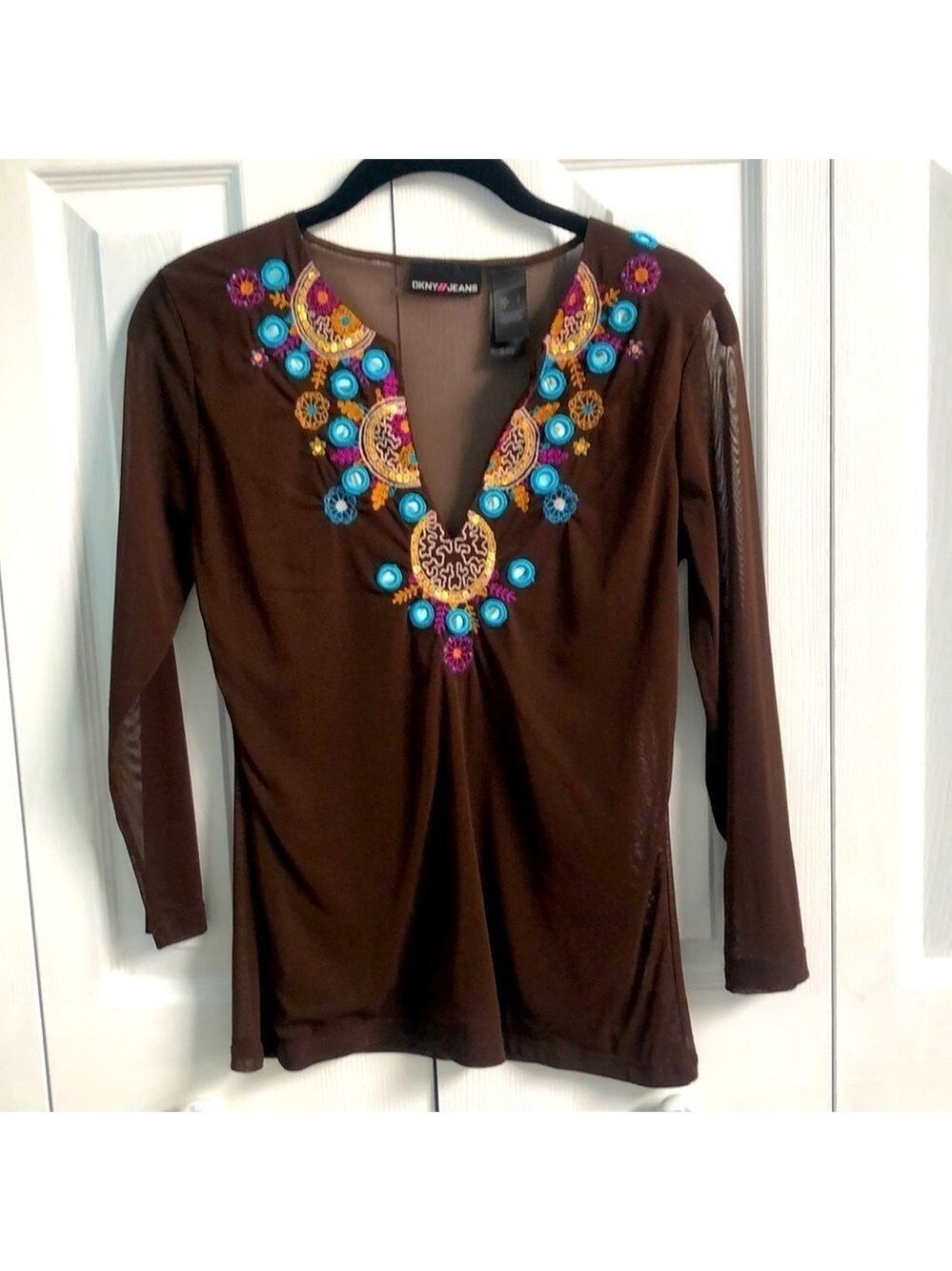 Vintage 1980's DKNY JEANS Mesh Sheer Blouse Mirror Embroidered Brown Size L